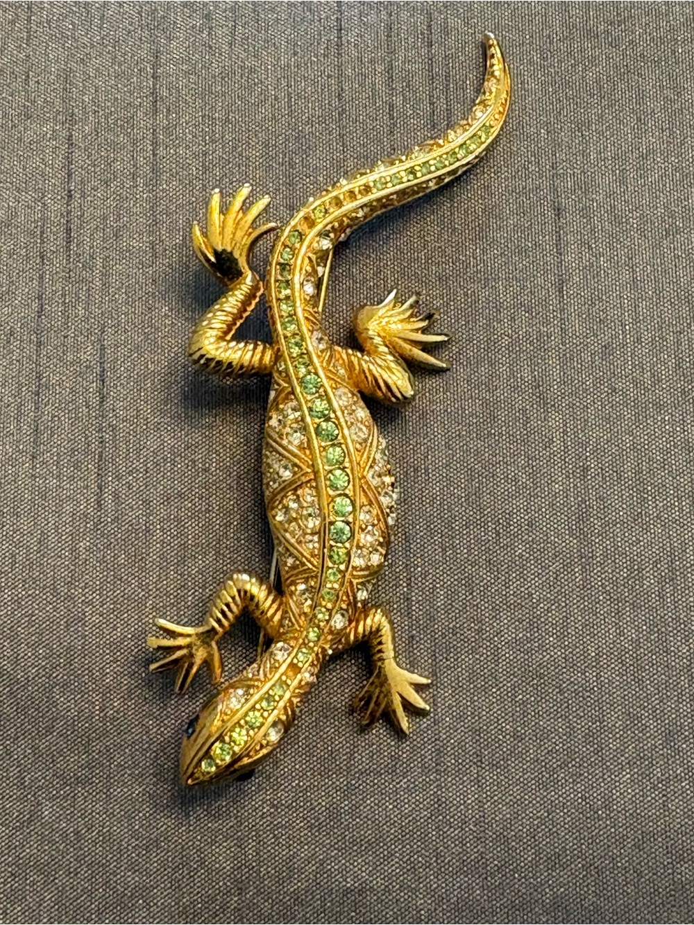 Gold Lizard Reptile Brooch with Green Crystals - Brand